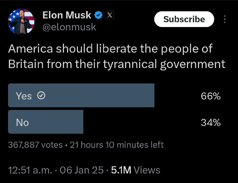 Elon Musk ：美國應否從暴君政府下解放英國人？