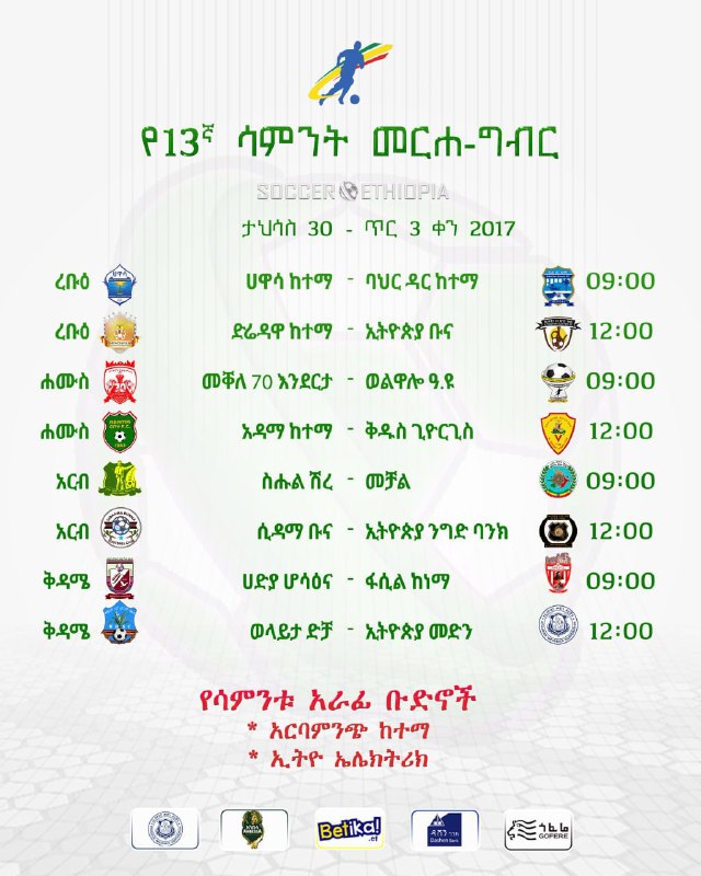 የኢትዮጵያ ፕሪምየር ሊግ የ13ኛ ሳምንት ጨዋታዎች …