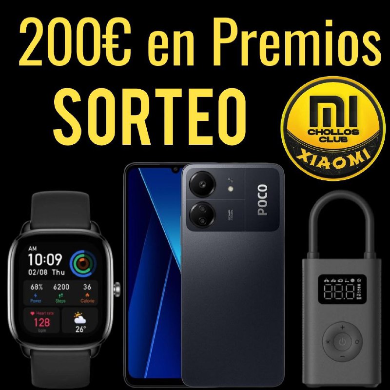 Sorteo internacional de 1 Teléfono Xiaomi Poco C65, 1 Reloj Amazfit GTS 4 Mini y 1 Xiaomi Mijia Compresor S2