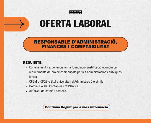 ***🔗***Oferta laboral: Responsable d’Administració, Finances i Comptabilitat a SOS Racisme Catalunya.