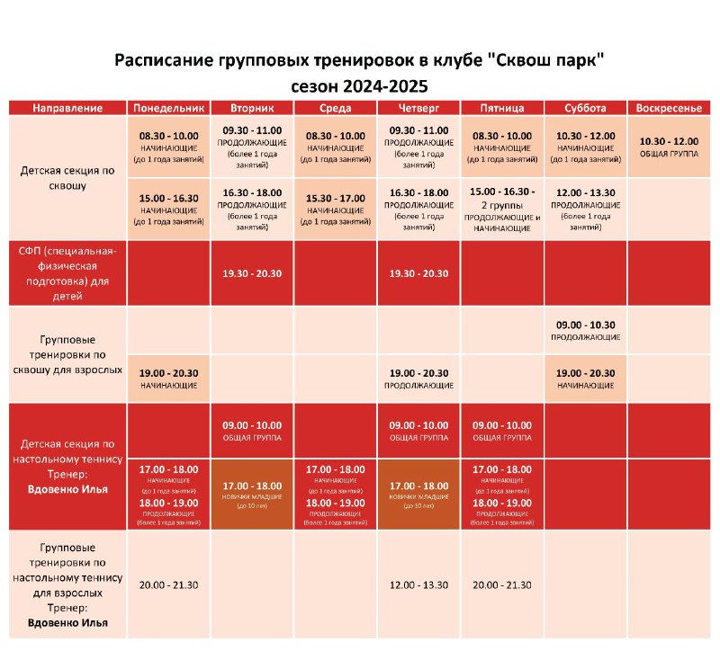 Доброго дня! Расписание групповых тренировок для …