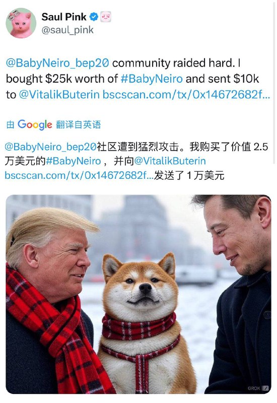 **粉红平台老板购买了价值 3.5 万美元的** [**#BabyNeiro**](?q=%23BabyNeiro) **并且向V神 发送了 …