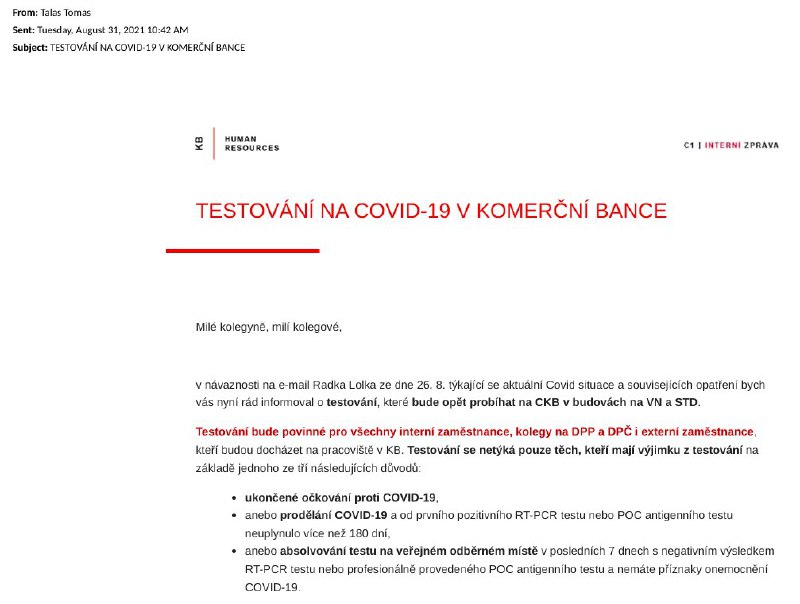 Testování na covid-19 v Komerční Bance. …