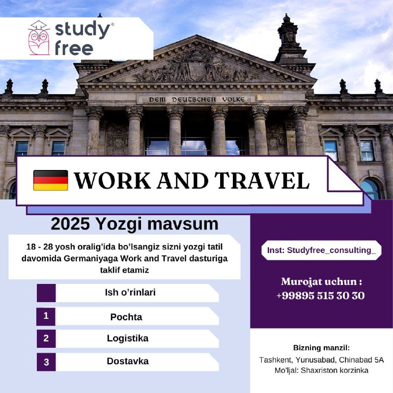 ***🇩🇪***Yozgi ta’tilni “Work &amp; Travel” dasturi …