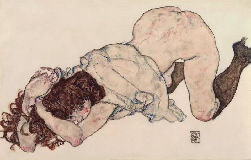 egon schiele- kneeling girl, resting on …