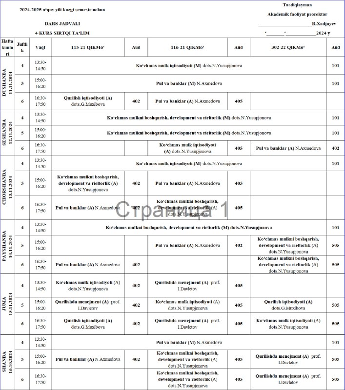 115-116-302 guruh dars jadvali