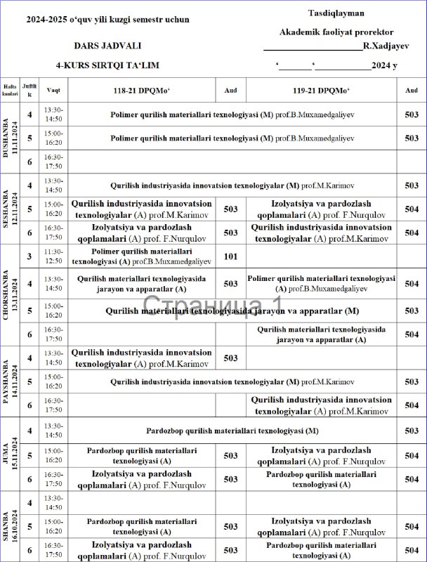 118-119- guruh dars jadvali