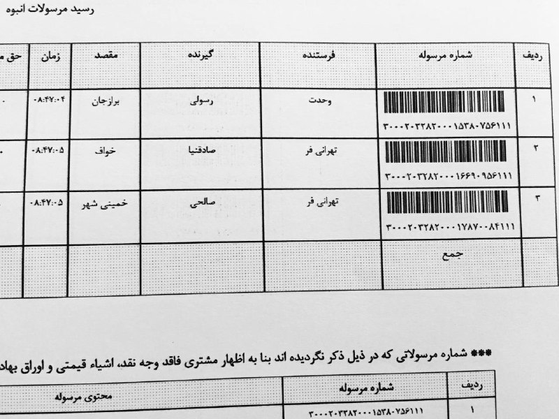 بارنامه و رسيدهاي پستي تهرانی فر