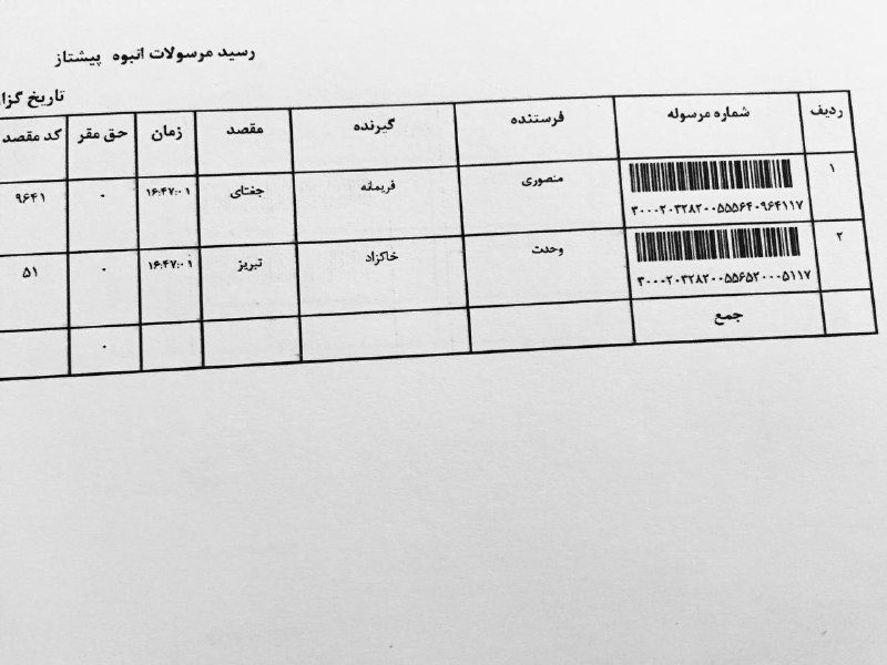 بارنامه و رسيدهاي پستي تهرانی فر