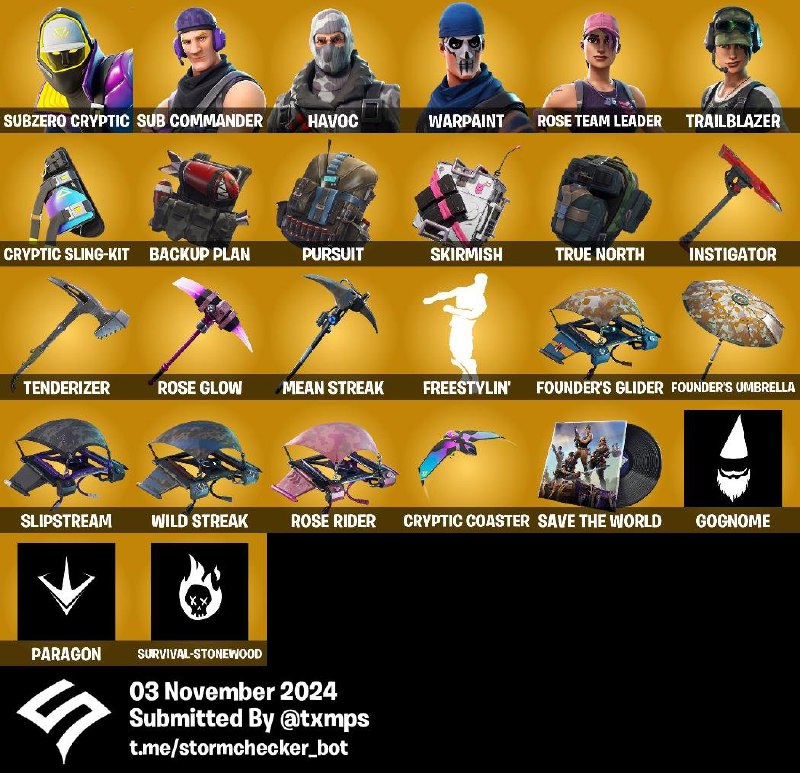 `[PC]-23 Skins-OG STW-Subzero Cryptic-Havoc-Instigator-Rose Glow-Mean Streak-GoGnome-Paragon-Survival-Stonewood-2150 …