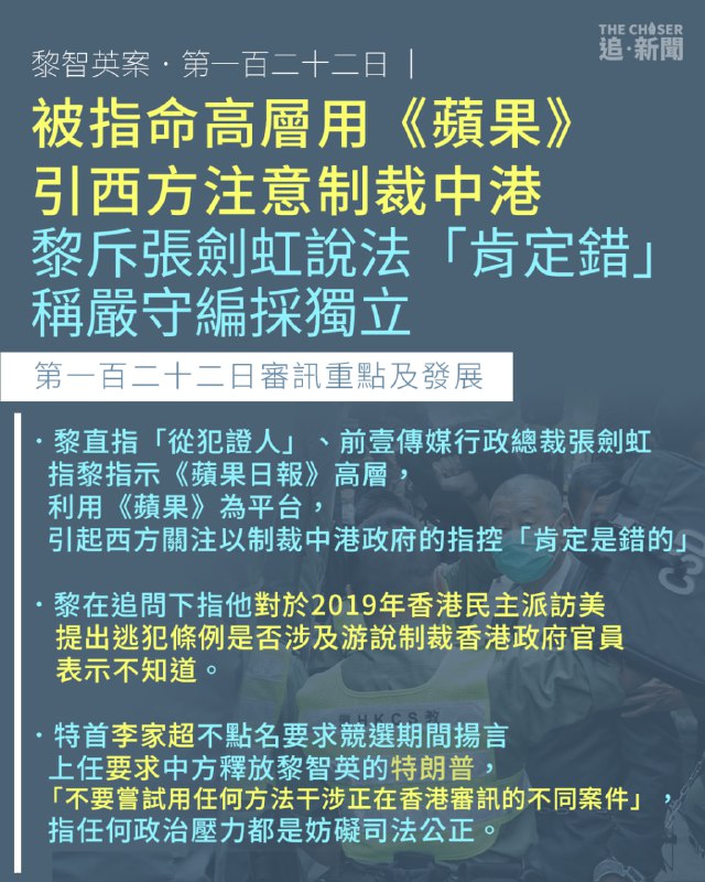 // 壹傳媒創辦人黎智英及3間蘋果公司被控串謀勾結外國勢力及串謀刊印煽動刊物等罪，周二（21日）在西九龍裁判法院踏入122天審訊，黎智英第30日作供。黎直指「從犯證人」、前壹傳媒行政總裁張劍虹指黎指示《蘋果》管理層，利用《蘋果》為平台，引起西方關注，以制裁中港政府的指控「肯定是錯的」。