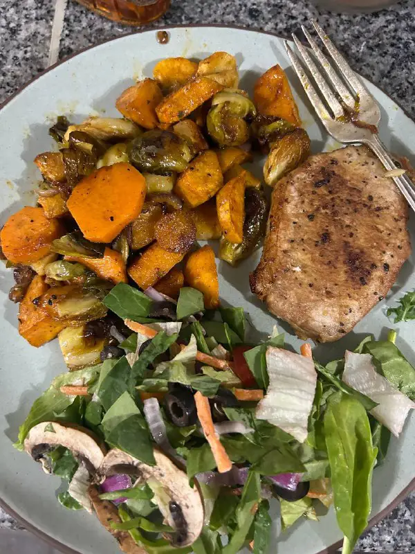 Lemon pepper pork chop, sweet potato, …