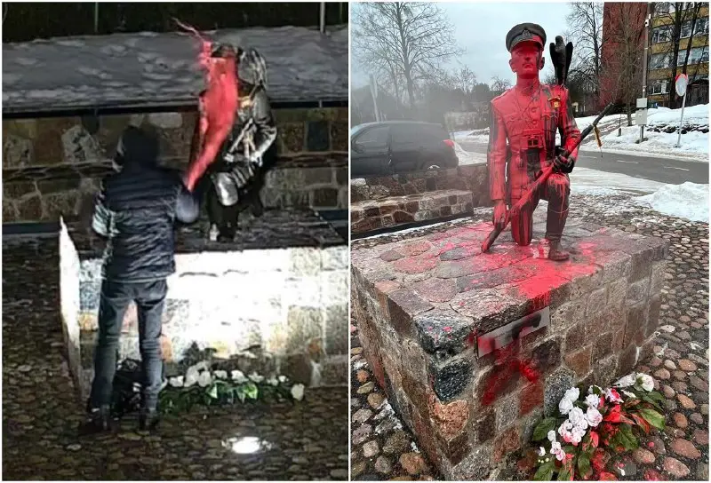 Merkinėje raudonos spalvos dažais buvo aplietas paminklas „miško brolių“ vadui Adolfui Ramanauskui-Vanagui.