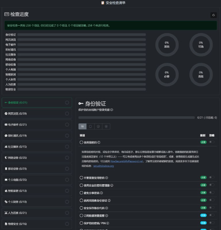 这是一份非常全面的 [#网络安全](?q=%23%E7%BD%91%E7%BB%9C%E5%AE%89%E5%85%A8) 检查清单，一共有 258 个项目，每一项都有详细的解释，涵盖密码安全、浏览安全、移动设备安全等方面的内容。在当前环境下，[#信息泄露](?q=%23%E4%BF%A1%E6%81%AF%E6%B3%84%E9%9C%B2) 可能会导致重大的损失，因此，确保我们在连接互联网的时候，我们尽可能地保护自己的 …