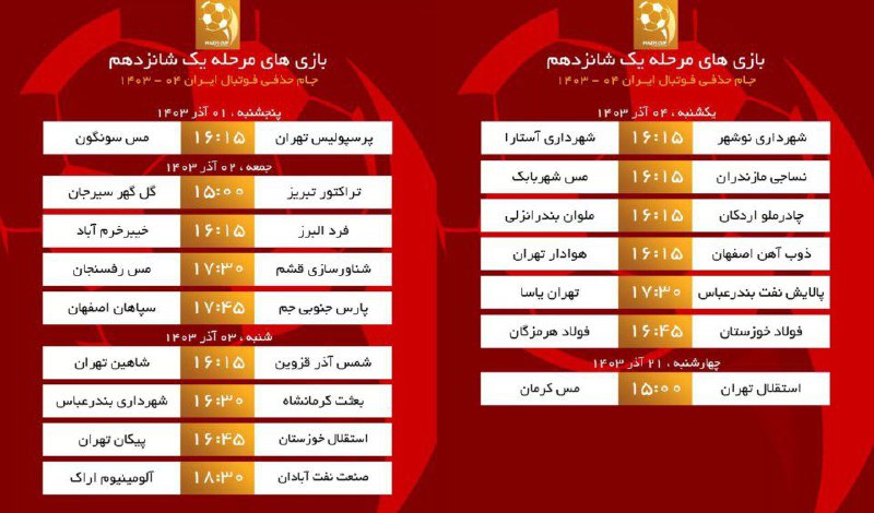 برنامه بازی‌های مرحله یک‌شانزدهم نهایی جام‌حذفی