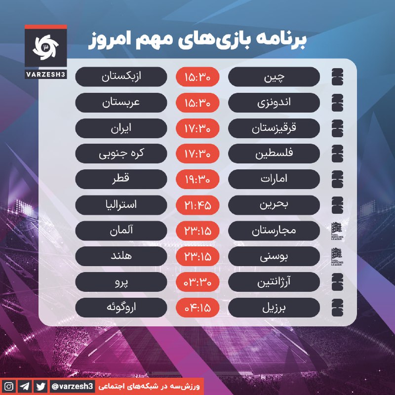 ***⭕️*** برنامه مهمترین دیدارهای فوتبال امروز