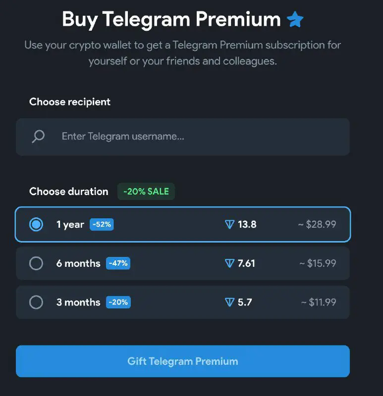 **Telegram Premium service now accepts Toncoin (TON).**