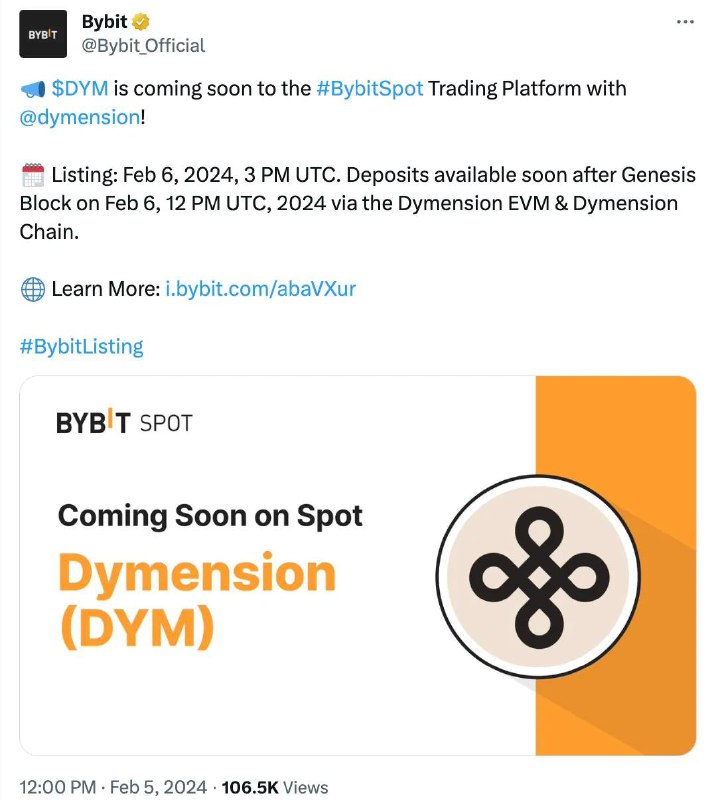 Bybit and Kucoin will list Dymension …