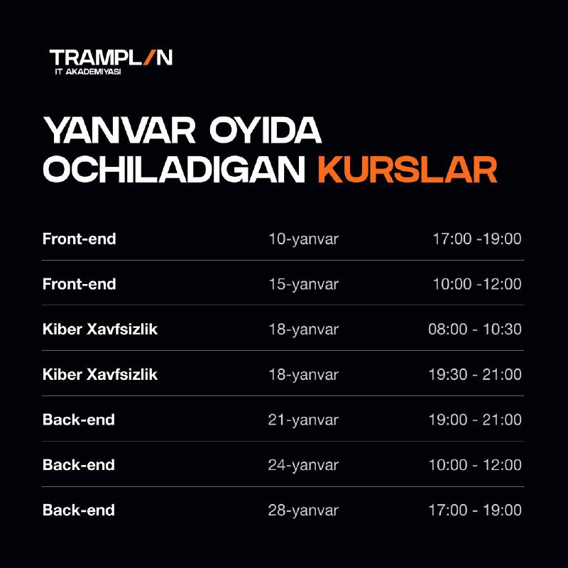 ***?️*** Yanvar oyida ochiladgan kurslar ro'yxati …