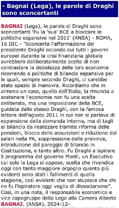 **Draghi: Bagnai (Lega), parole sconcertanti. Fu …