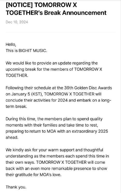 [NOTICE] TOMORROW X TOGETHER’s Break Announcement