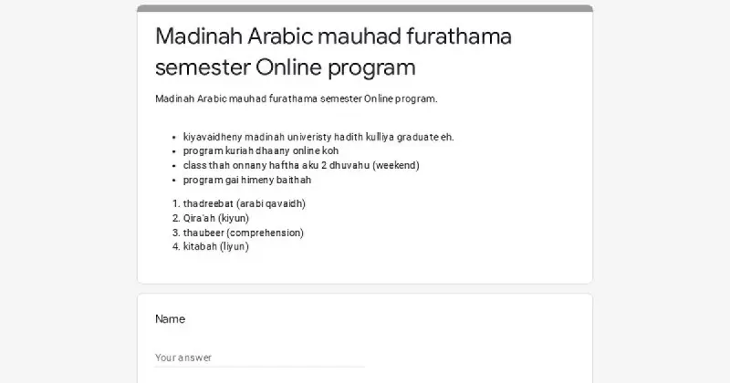 Arabi bas neygey meehunah design koffava Madinah Arabi Mauhadhge furathama semester online koh kiyevumuge furusathu. Nan note kurahva [(link)](https://forms.gle/M9G5vhVk59Wp8ejg7)