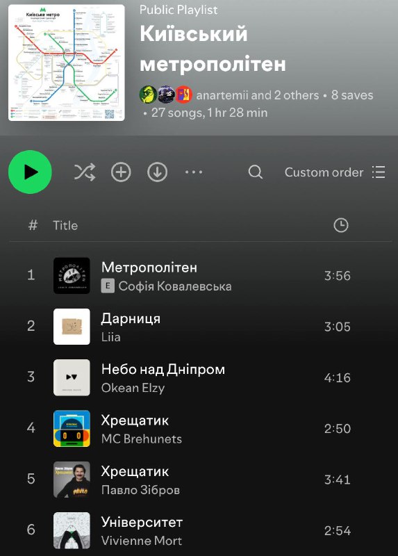 [Київський метрополітен](https://open.spotify.com/playlist/2J7R71RSXkH372JiCqLFIi?si=fc977fb495be4f8d)