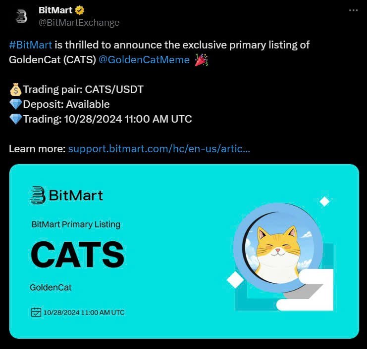 **新品上市*****🐱*** : **BitMart将于10月28日上线GoldenCat**