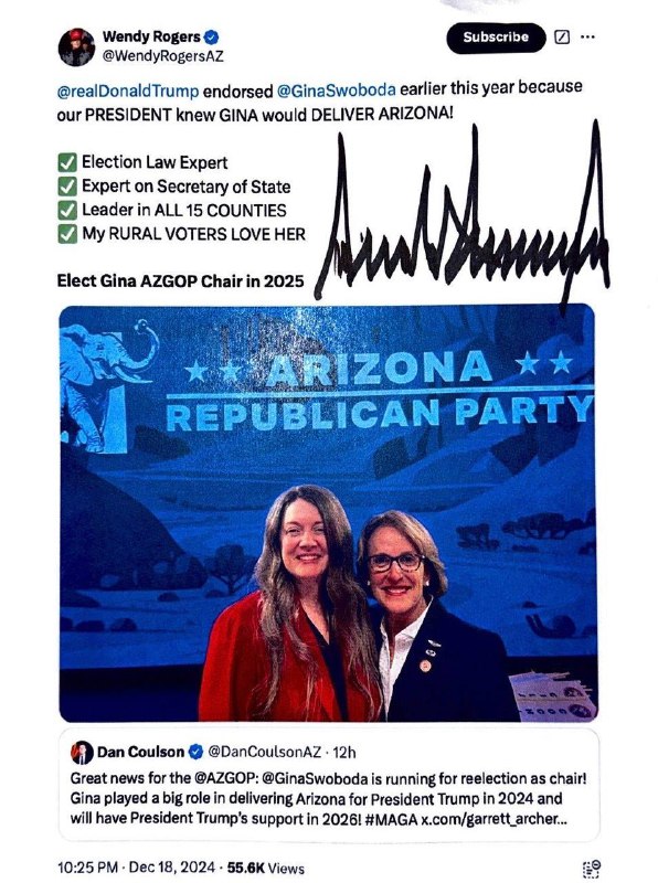 ⁦ [@GinaSwoboda](https://t.me/GinaSwoboda)⁩ REELECTED as [@Azgop](https://t.me/Azgop) Chair.