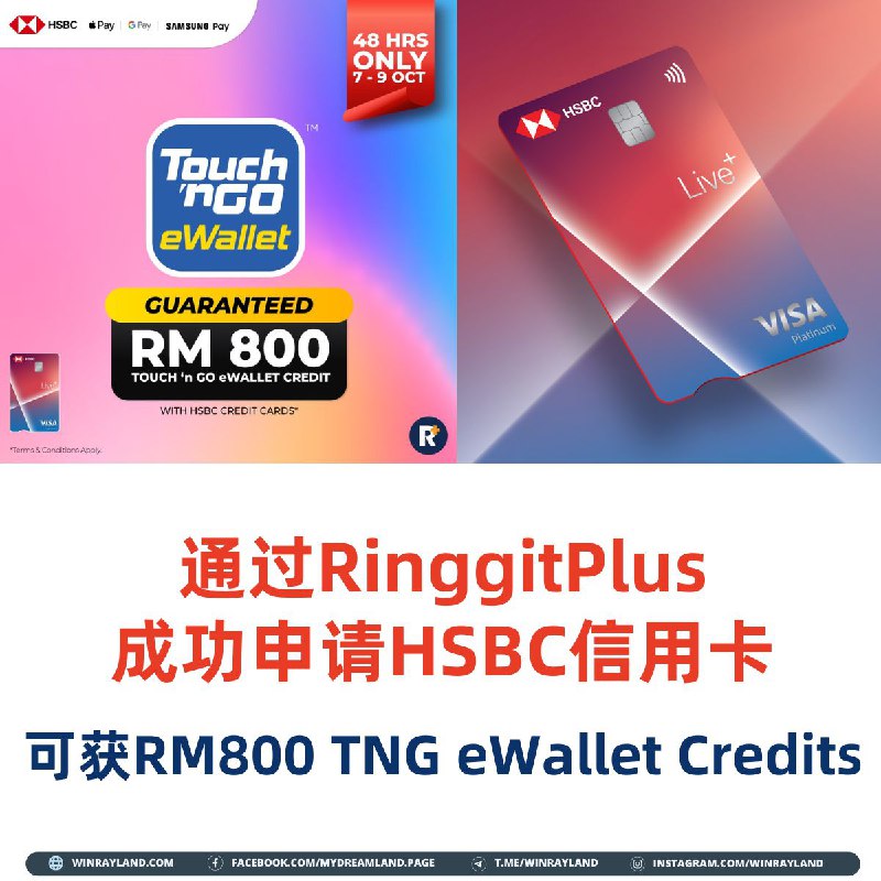 成功申请HSBC信用卡，将可获得RM800 Touch ‘n Go eWallet Credits