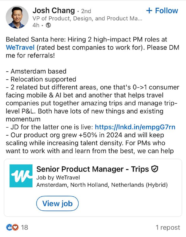 [Ссылка](https://www.linkedin.com/posts/wjoshchang_belated-santa-here-hiring-2-high-impact-activity-7278415850771021824-eYNC?utm_source=share&amp;utm_medium=member_ios) [#Product](?q=%23Product) [#Amsterdam](?q=%23Amsterdam)