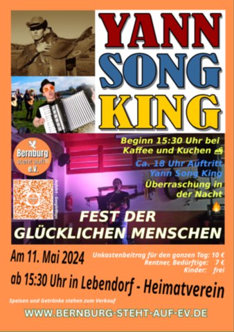 Am Samstag, **11.5.** findet in Lebendorf (Könnern) ein **Fest der glücklichen Menschen** statt, bei dem ich