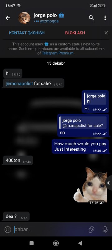 [@monapolist](https://t.me/monapolist) uchun 2500 $ narx aytti …