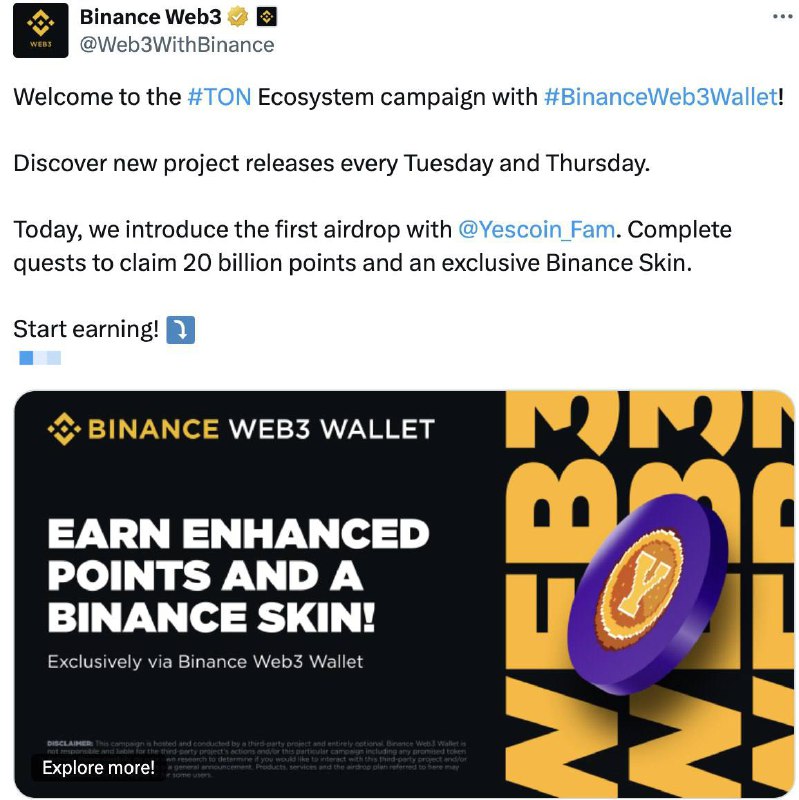 Rasmiy ***🟠***Binance Web3 sahifasi ***🪙***Yescoinni reklama …