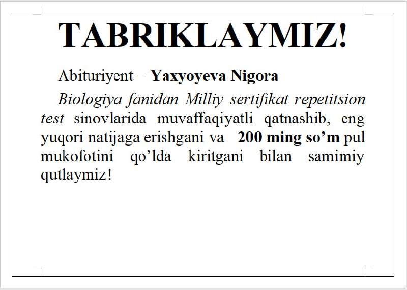 **ZIYOKOR MILLIY SERTIFIKAT IMTIHONI NATIJALARI